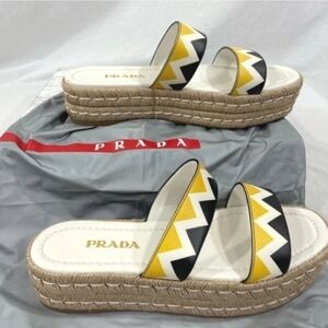 PRADA Zig Zag Saffiano Leather Espadrille Sandals Slip On Slide Wedge EU39/US8.5
